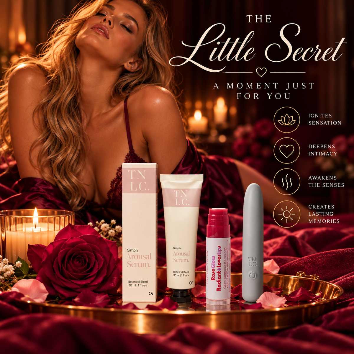 The Little Secret – romantic gift set with Simply Arousal Serum, Rose Glow Lover Lips and grey wellness accessory