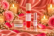 The Love Ritual gift set featuring Lucky Love Butter, Radiant Love Lube and Roses Shining Everywhere Petal Perfume in a romantic rose and satin setting