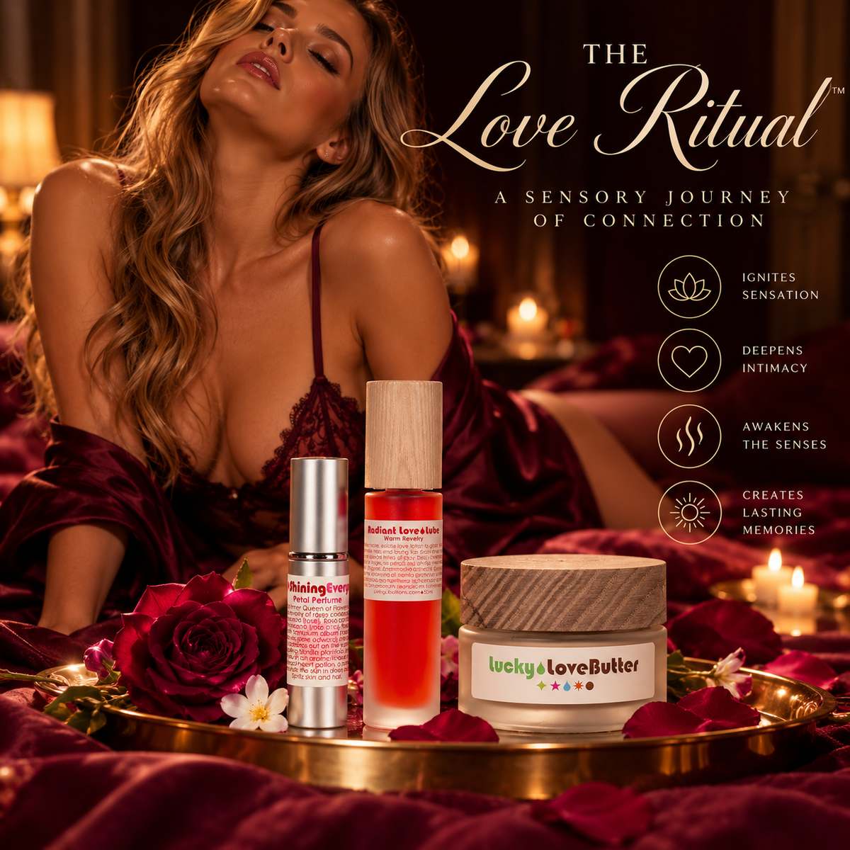 The Love Ritual luxury romance gift set with Roses Shining Everywhere Petal Perfume, Radiant Love Lube and Lucky Love Butter