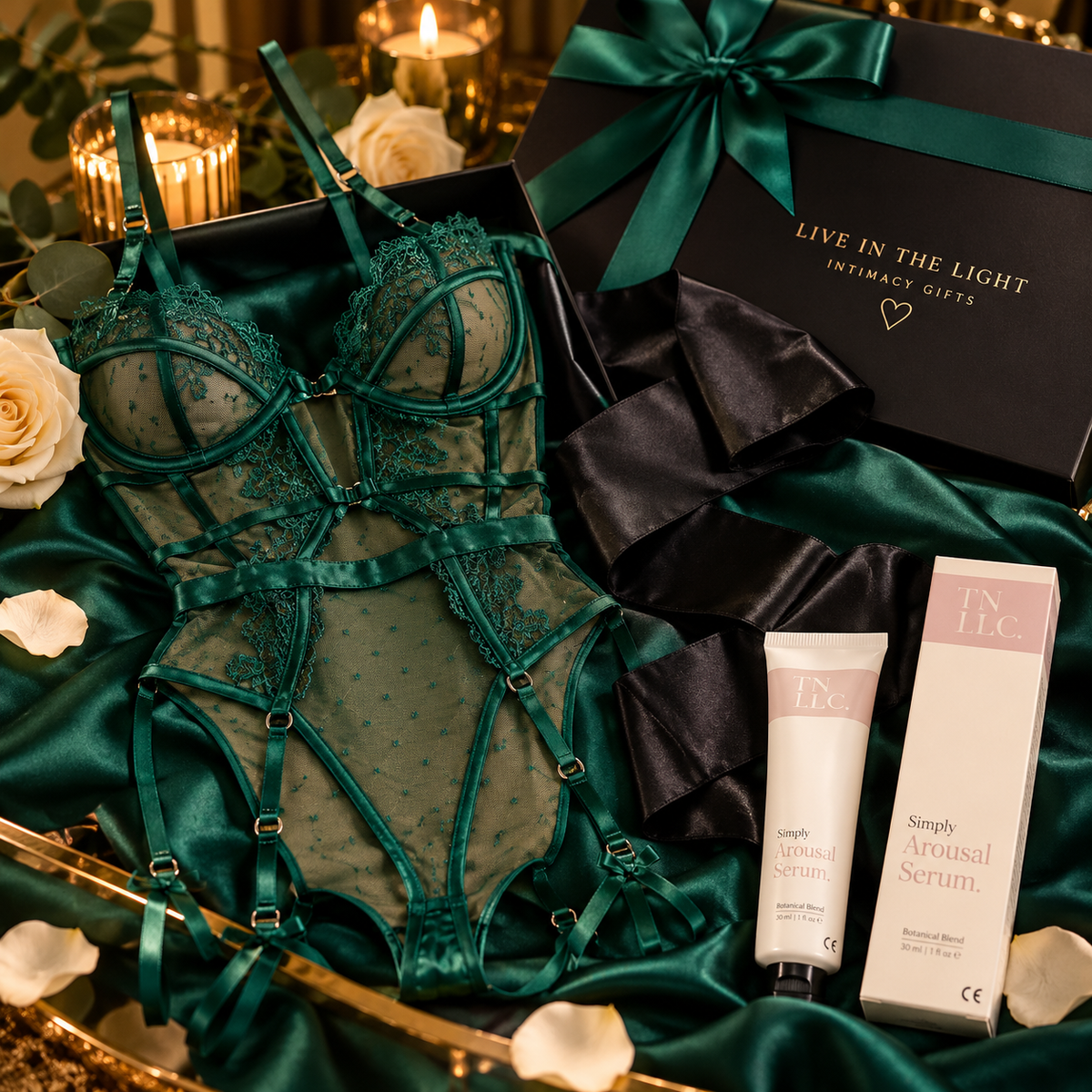The Seduction gift set featuring emerald DEVOTION lingerie, black satin blindfold and Simply Arousal Serum