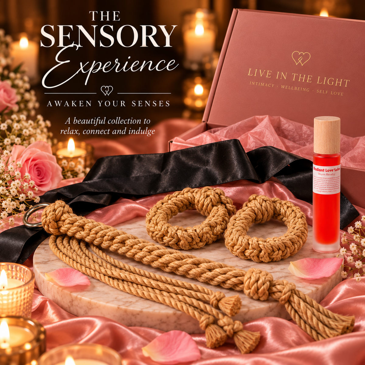 The Sensory Experience gift set with Kanuka tasselled flogger, soft handcuffs, strip-style satin blindfold and Radiant Love Lube 50ml