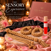 The Sensory Experience gift set with Kanuka tasselled flogger, soft handcuffs, strip-style satin blindfold and Radiant Love Lube 50ml