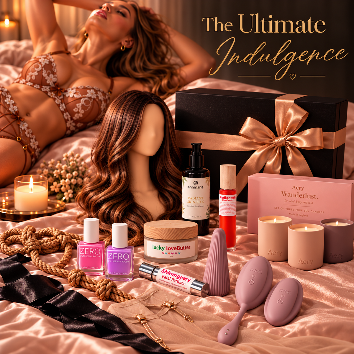 The Ultimate Indulgence luxury gift collection styled with beauty, candles, botanical care and intimate accessories