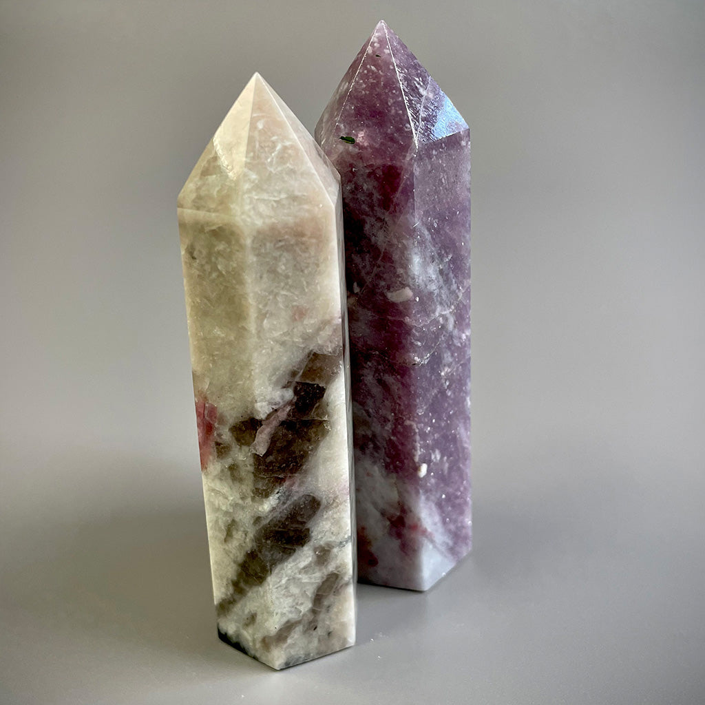 Pink Tourmaline Lepidolite Smoky Quartz Crystal Point Towers