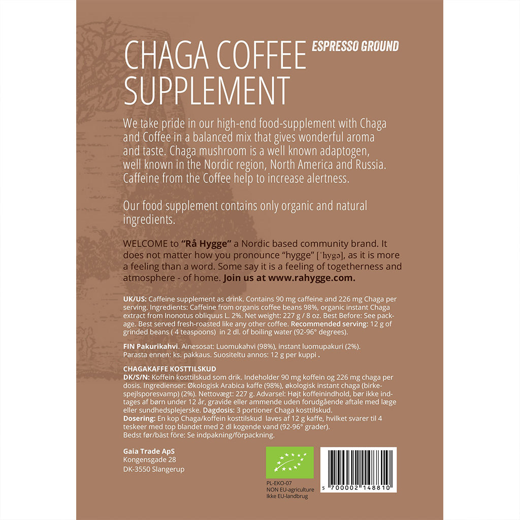 Chaga Mushroom Low Acid Filter Ground Coffee 8oz 227g - Ra Hygge Information