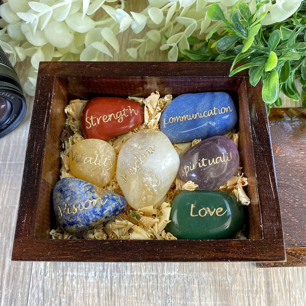 Seven Chakra Stones Set – Engraved Gemstones in Wooden Box