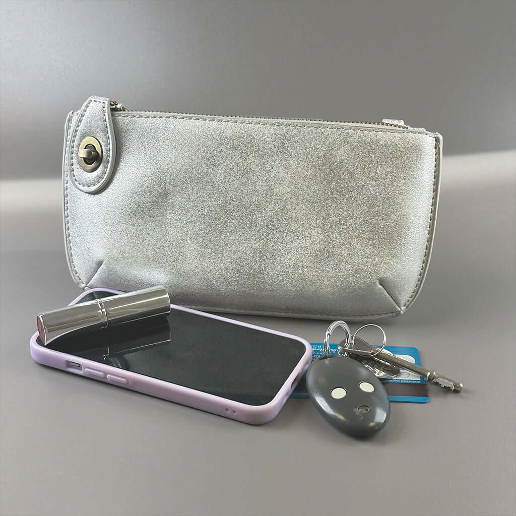 Vegan Clutch Bag Cross Body Wristlet - Silver