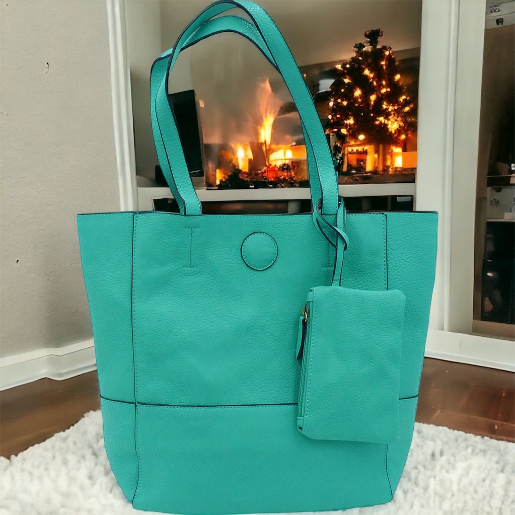 Raw Edge Tote Handbag With Coinpurse - Seafoam